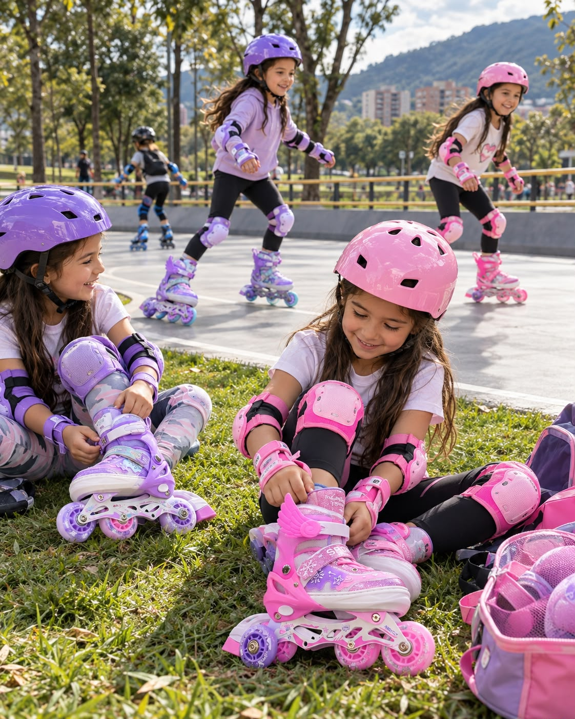 Escena conceptual: niñas con patines y protecciones en un parque