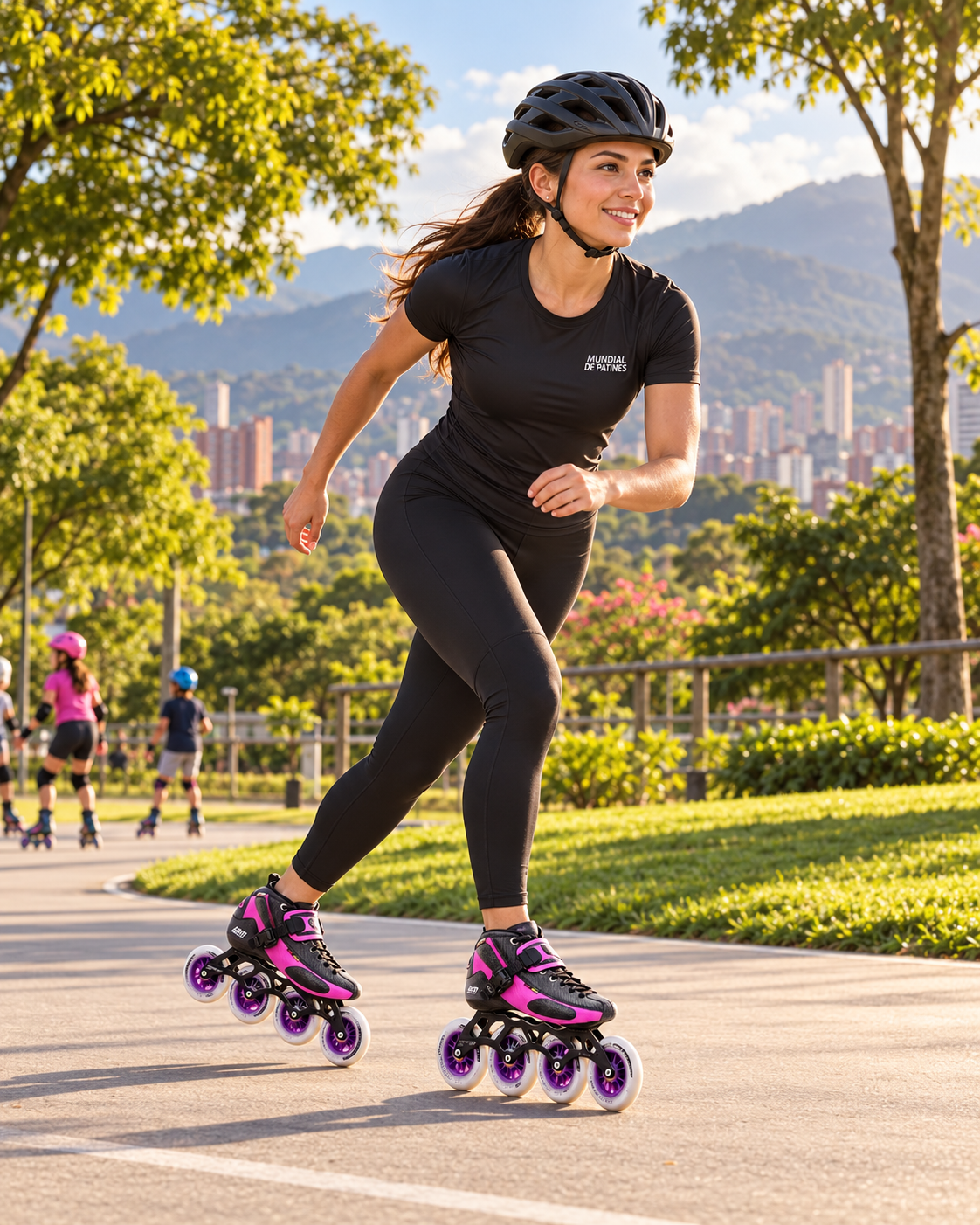 Escena conceptual: patinadora con Canariam en un parque