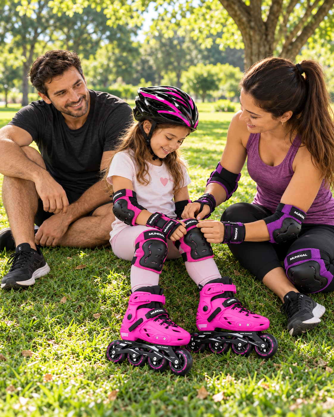 Escena conceptual: familia ajustando las protecciones de una niña con casco Sport en el pasto