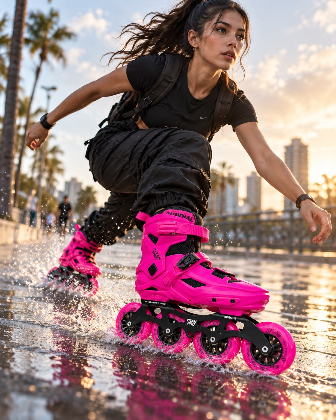 Escena conceptual: patinadora con Titan Pro fucsia